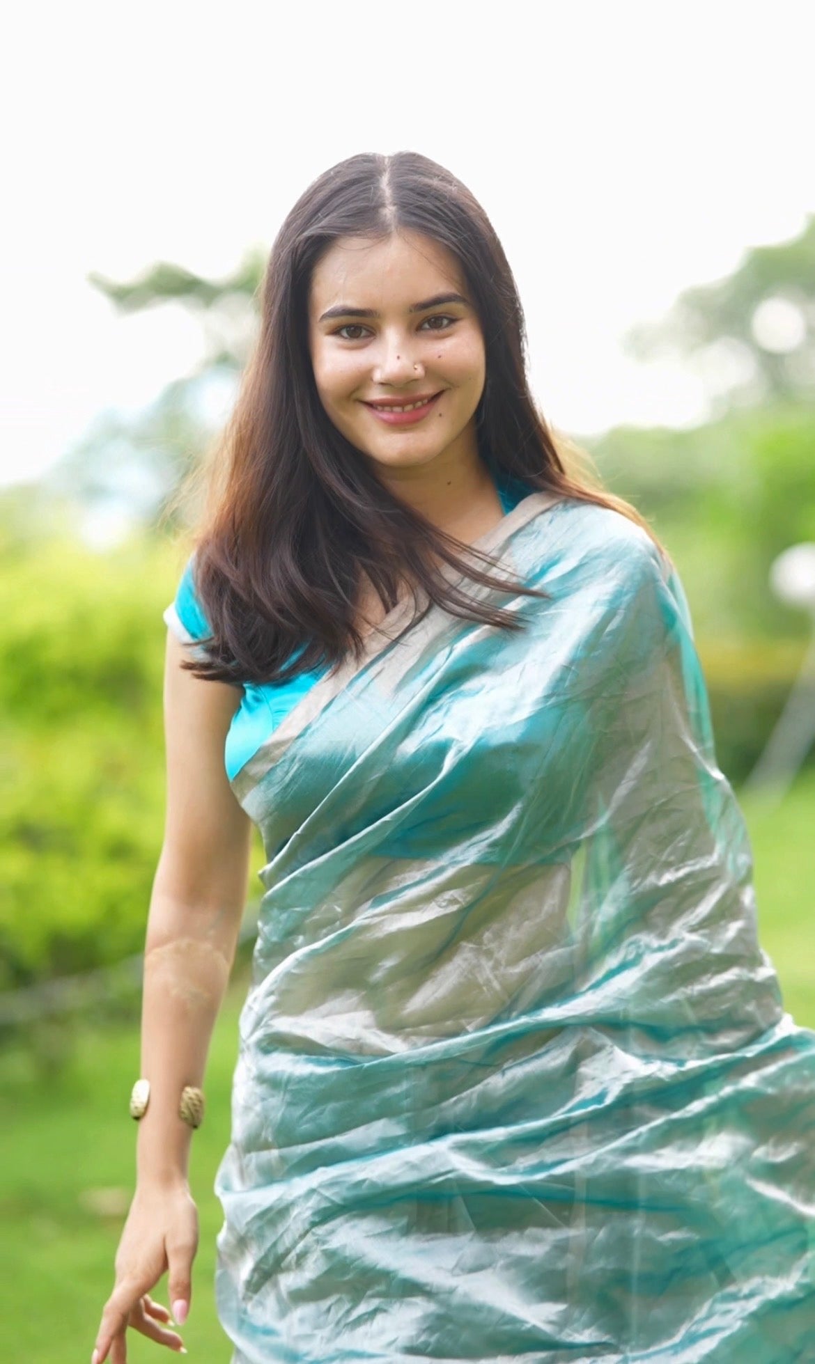Baby blue and silver Chanderi tissue silk saree saree with zari lines on pallu