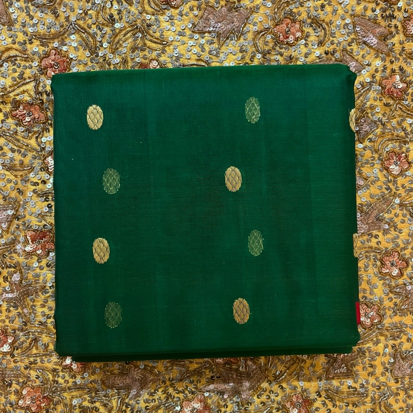 Green & red Chanderi silk saree with zari bootis all over