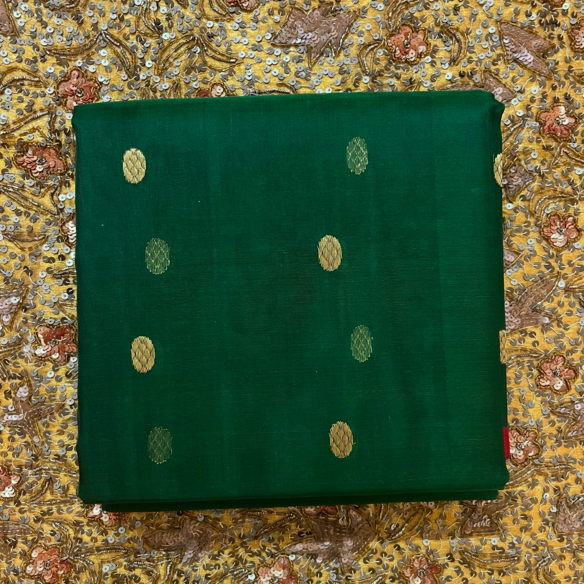 Green & red Chanderi silk saree with zari bootis all over