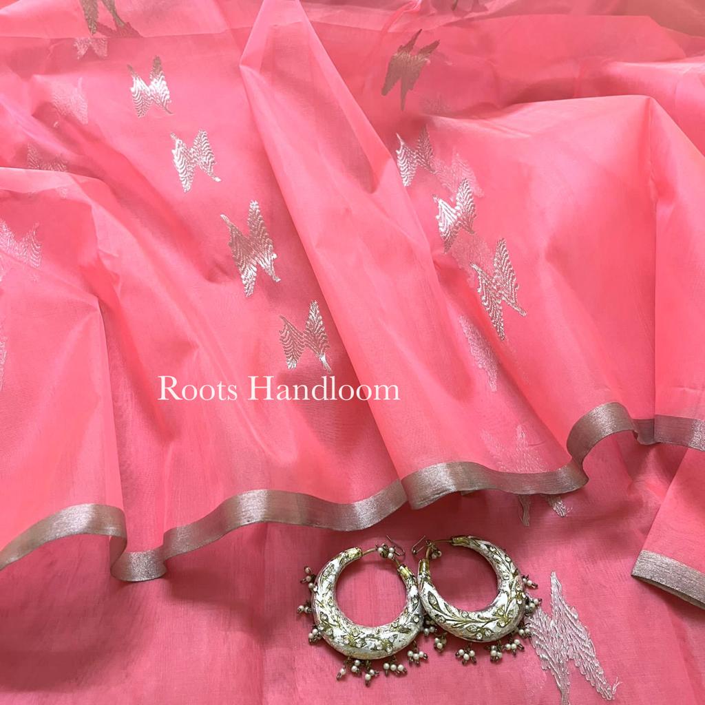 Peachish pink Chanderi organza silk with feather motifs all over