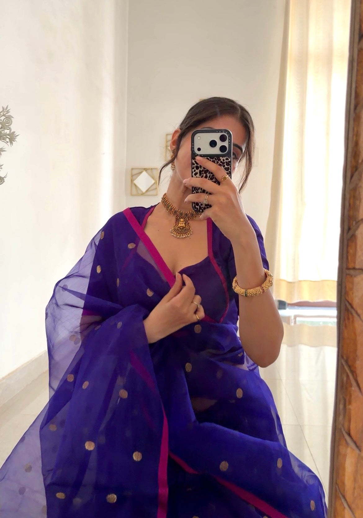 Ready to wear | Dark Purple & Pink Chanderi Organza Silk Saree with Zari Bootis all over