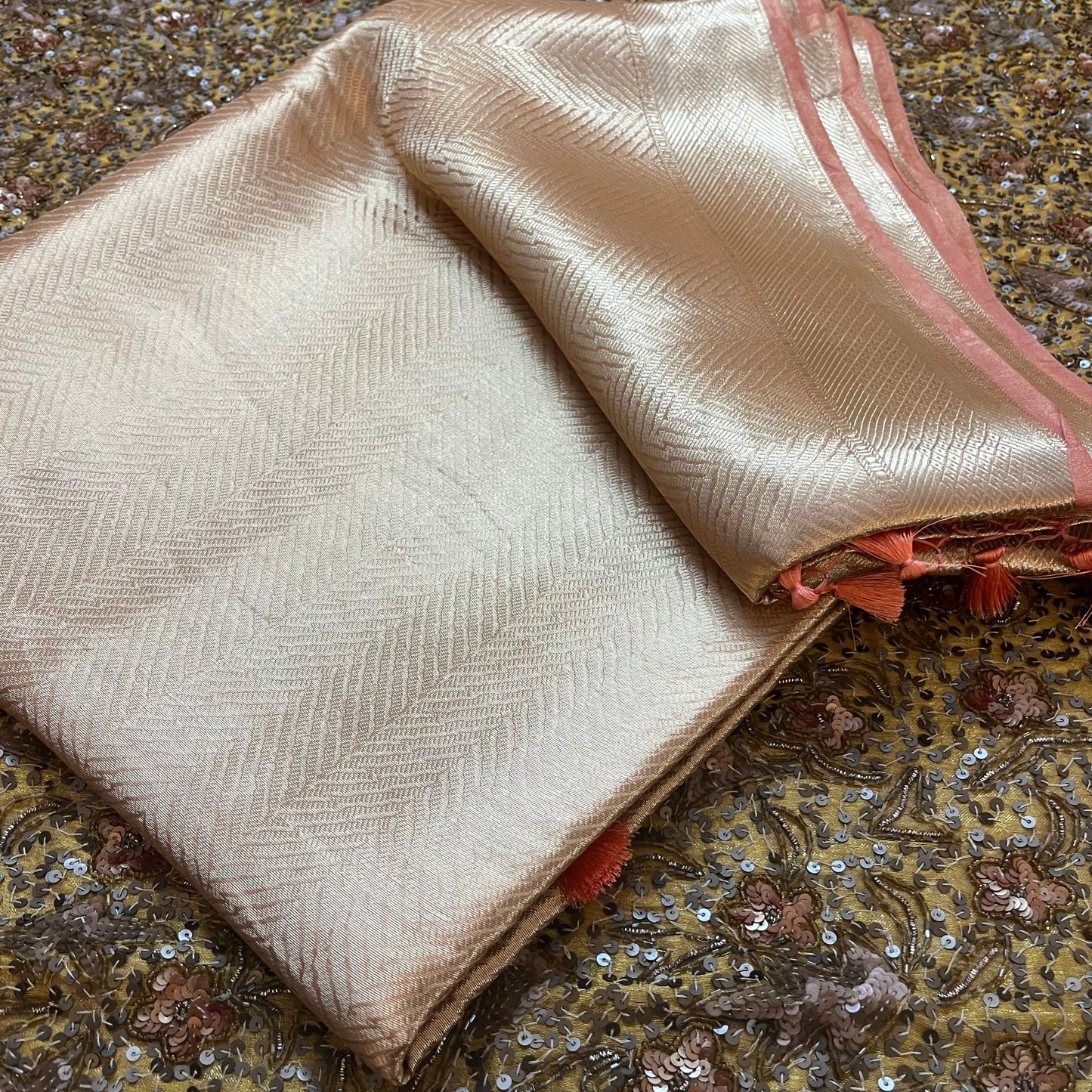 Champagne gold Banarasi silk saree with zari pattern all over
