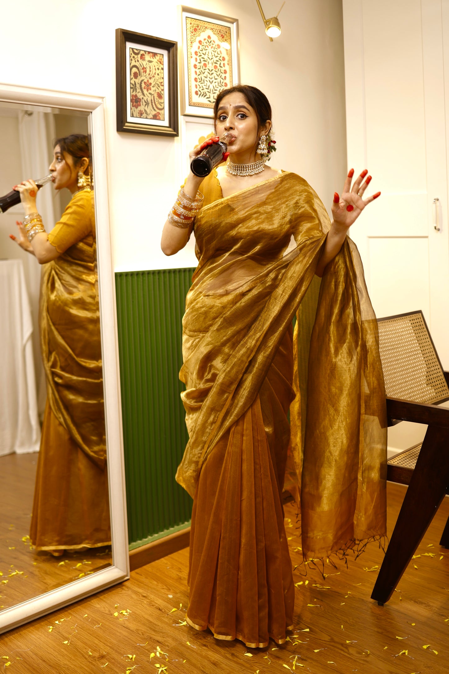 Mustard and gold maheshwari saree with zari border