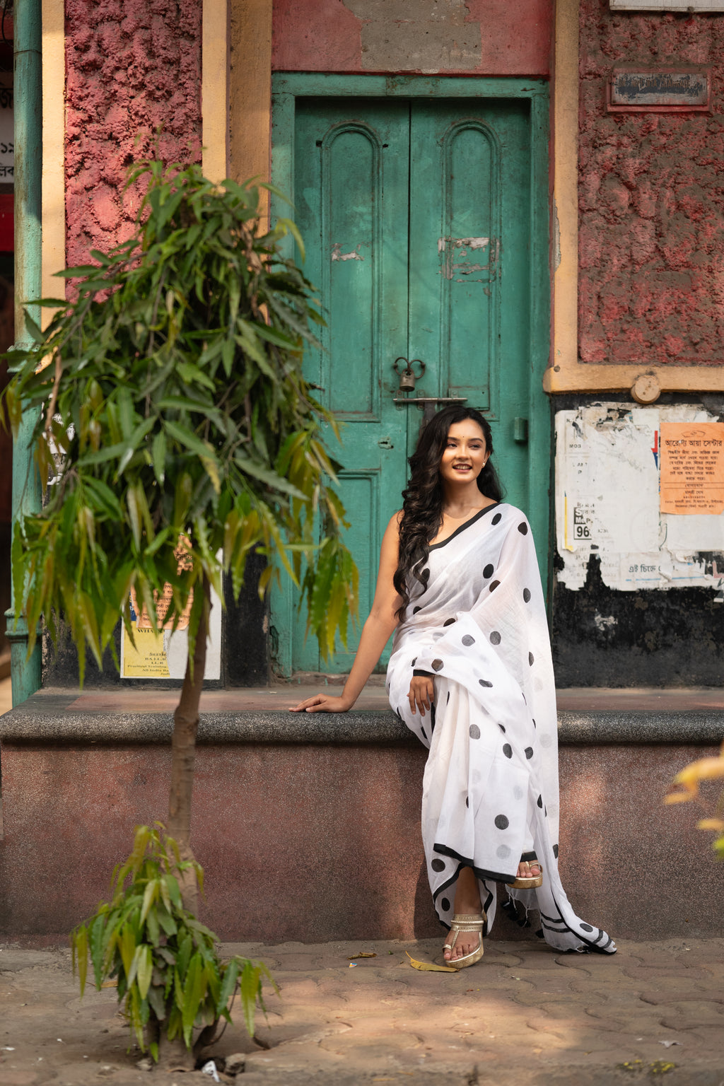 White and black polka dots mulmul saree