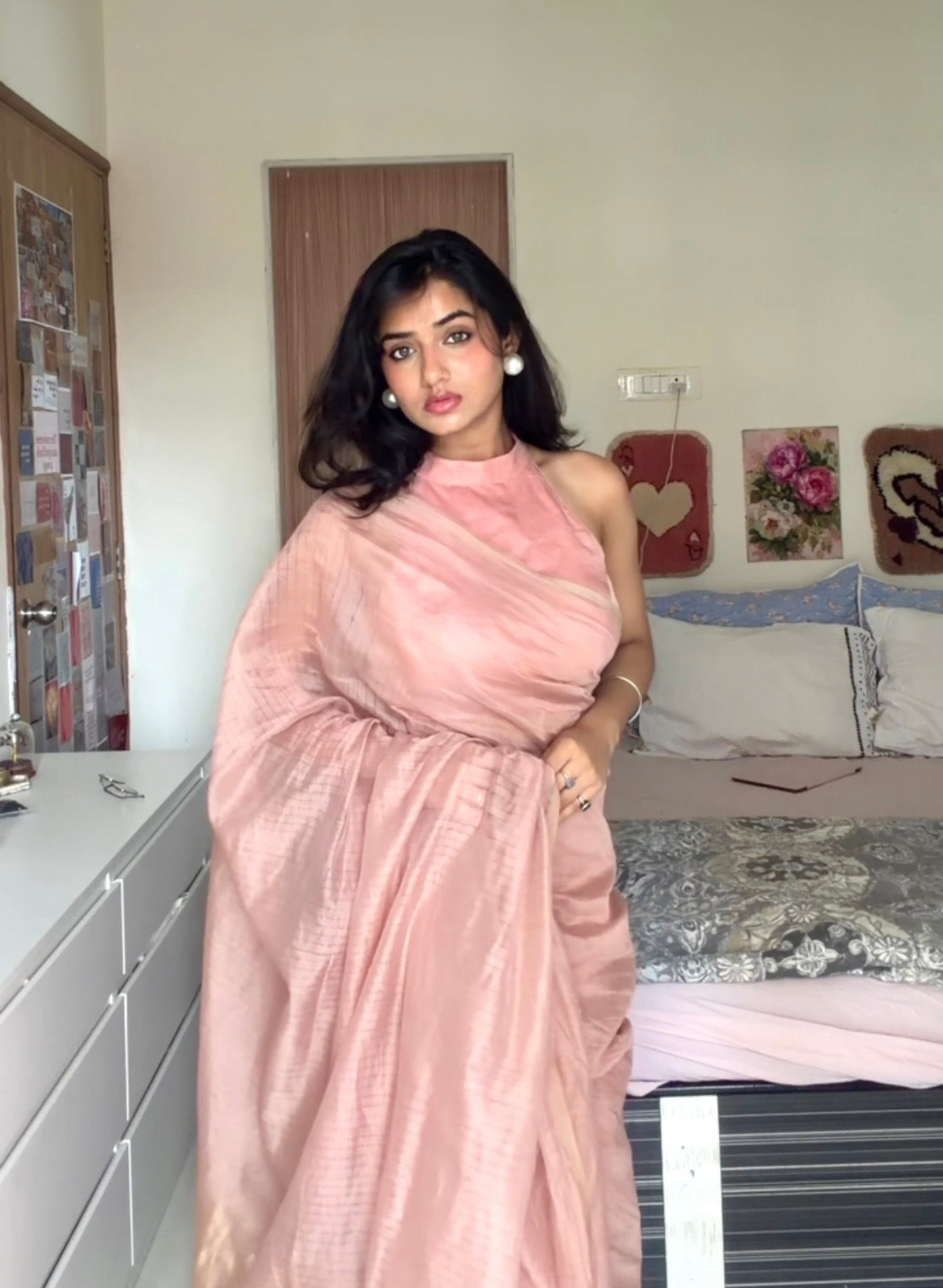 Pastel Pink Maheshwari saree with zari lines all over