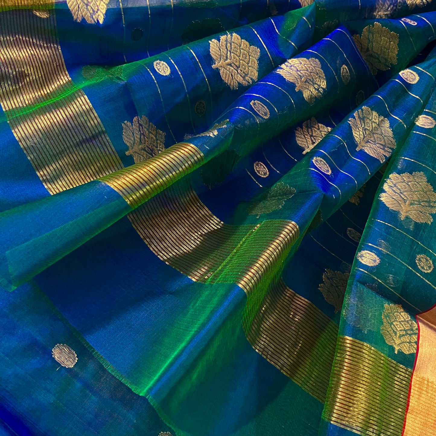 Peacock blue dual tone Chanderi silk saree with zari motifs on pallu