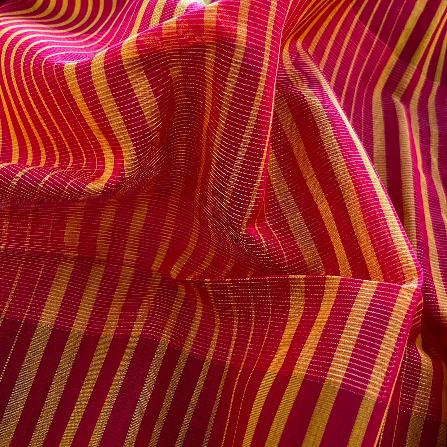 Red and Mustard striped Maheshwari saree