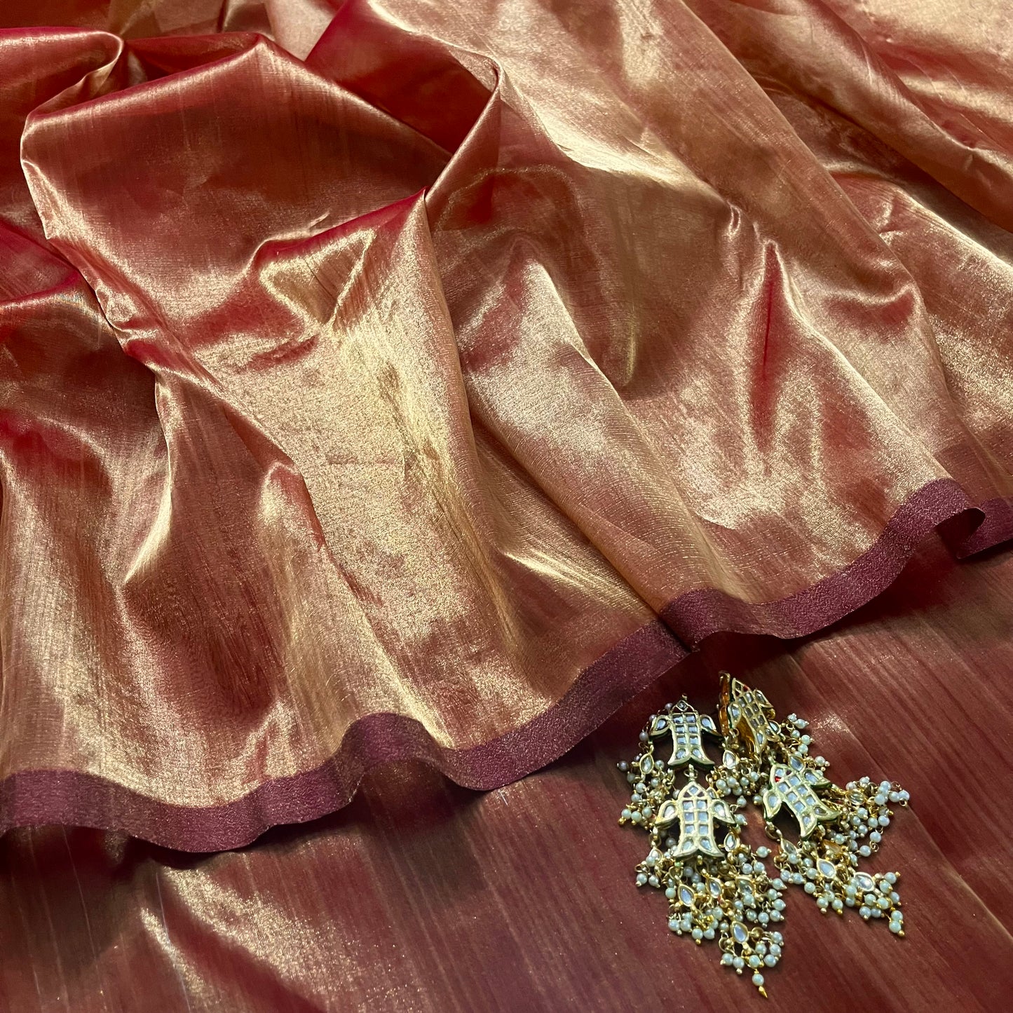 Deep red and gold Chanderi tissue silk saree