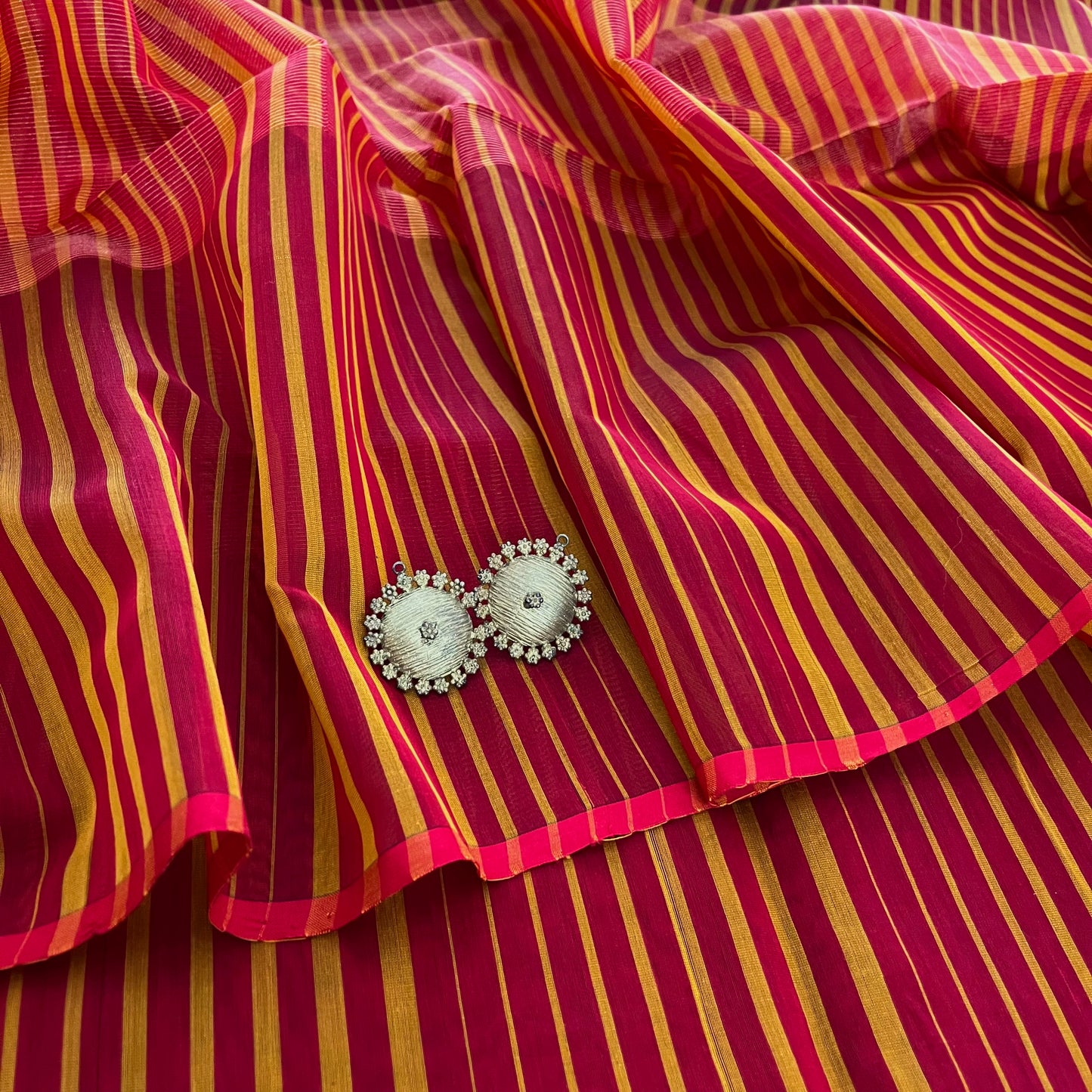 Red and Mustard striped Maheshwari saree