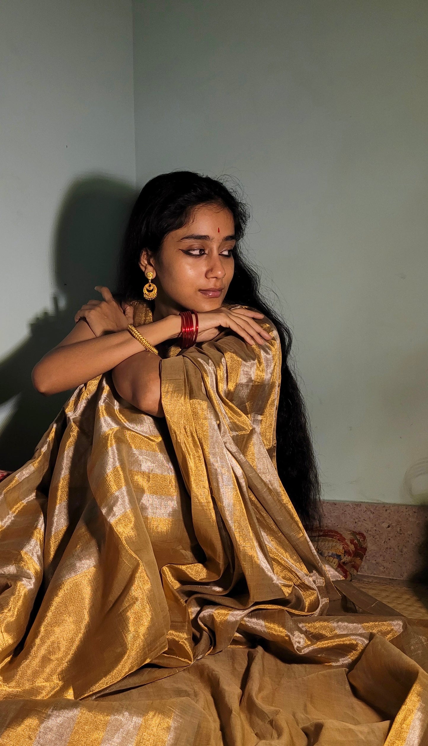Gold and silver striped chanderi tissue silk saree