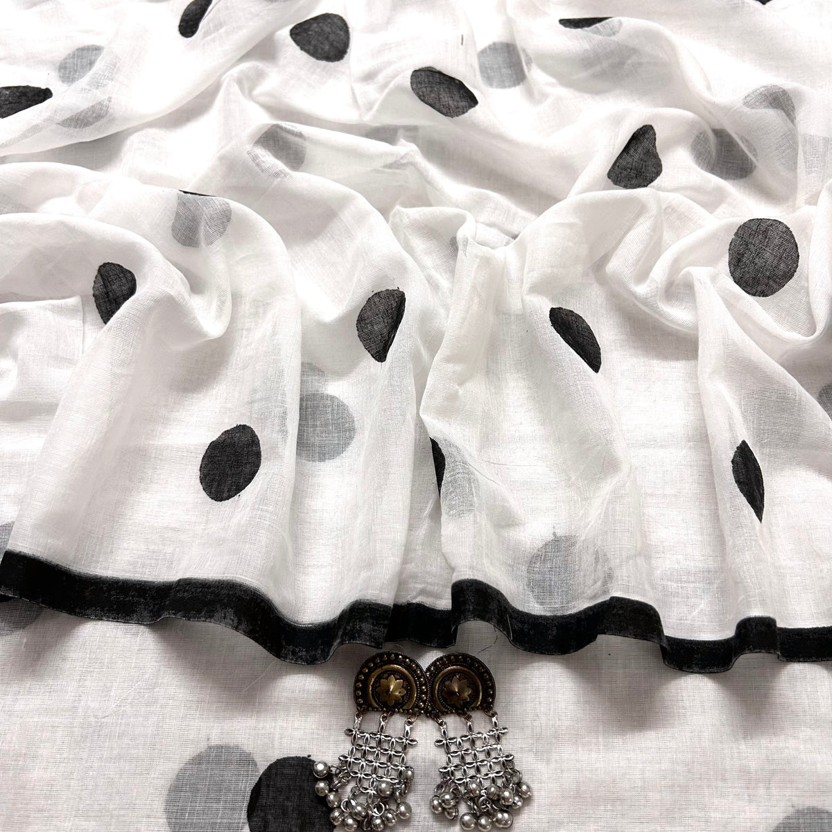White and black polka dots mulmul saree