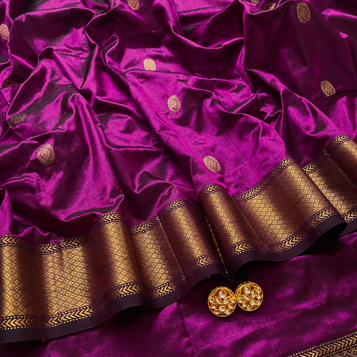 Magenta maheshwari silk saree with zari bootis all over