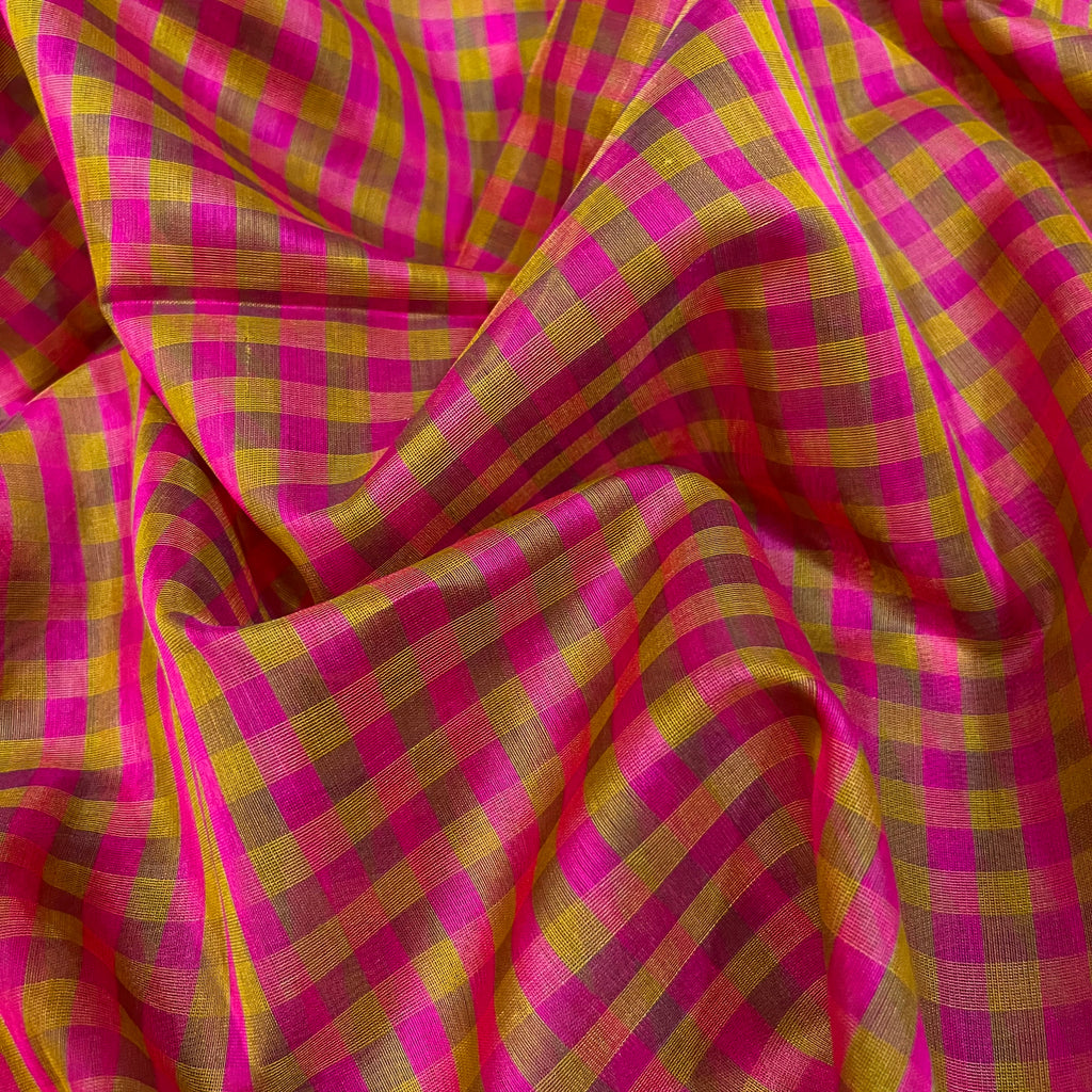 Pink and Olive Maheshwari checkered saree with zari border