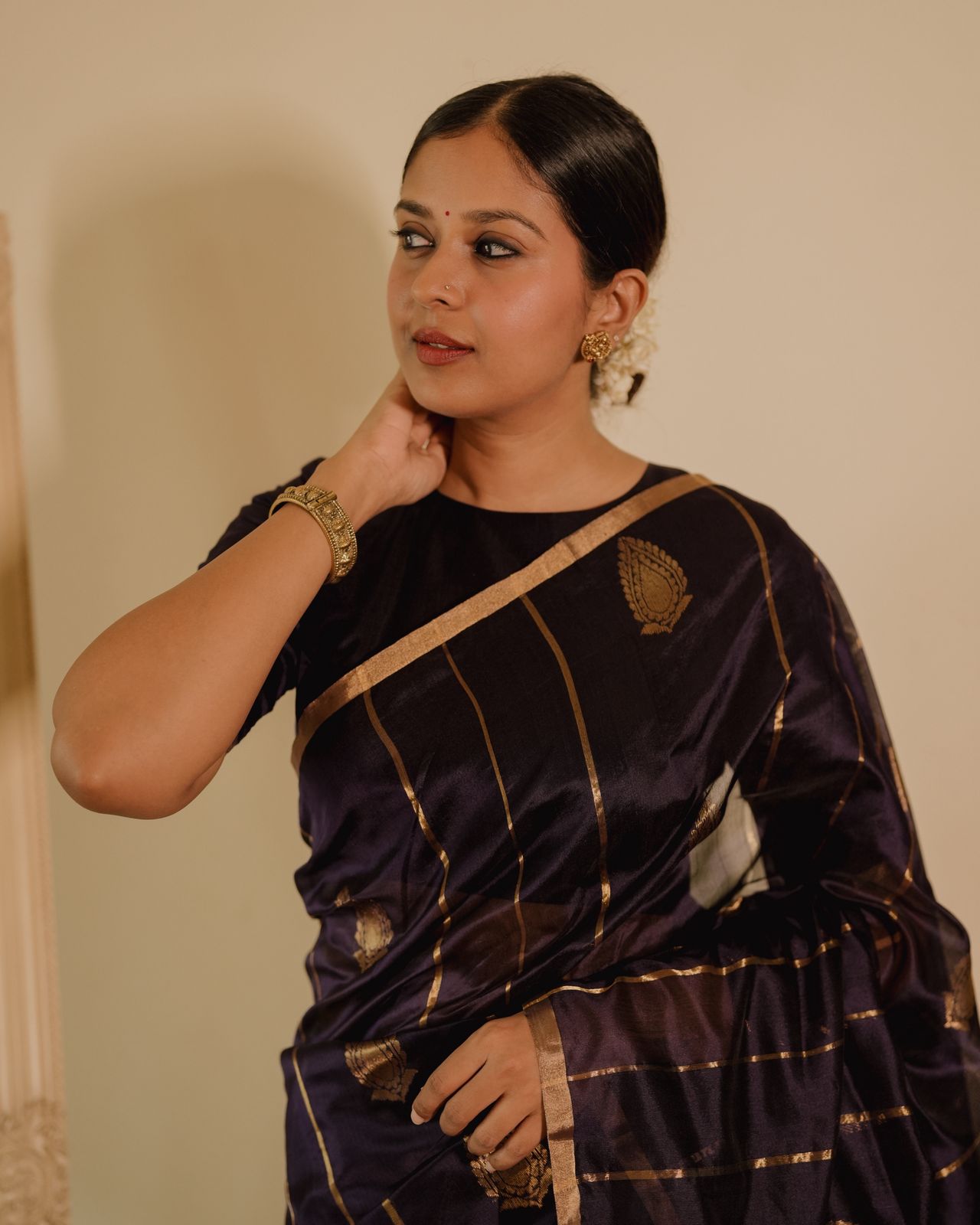 Midnight blue Chanderi silk saree with zari motifs all over