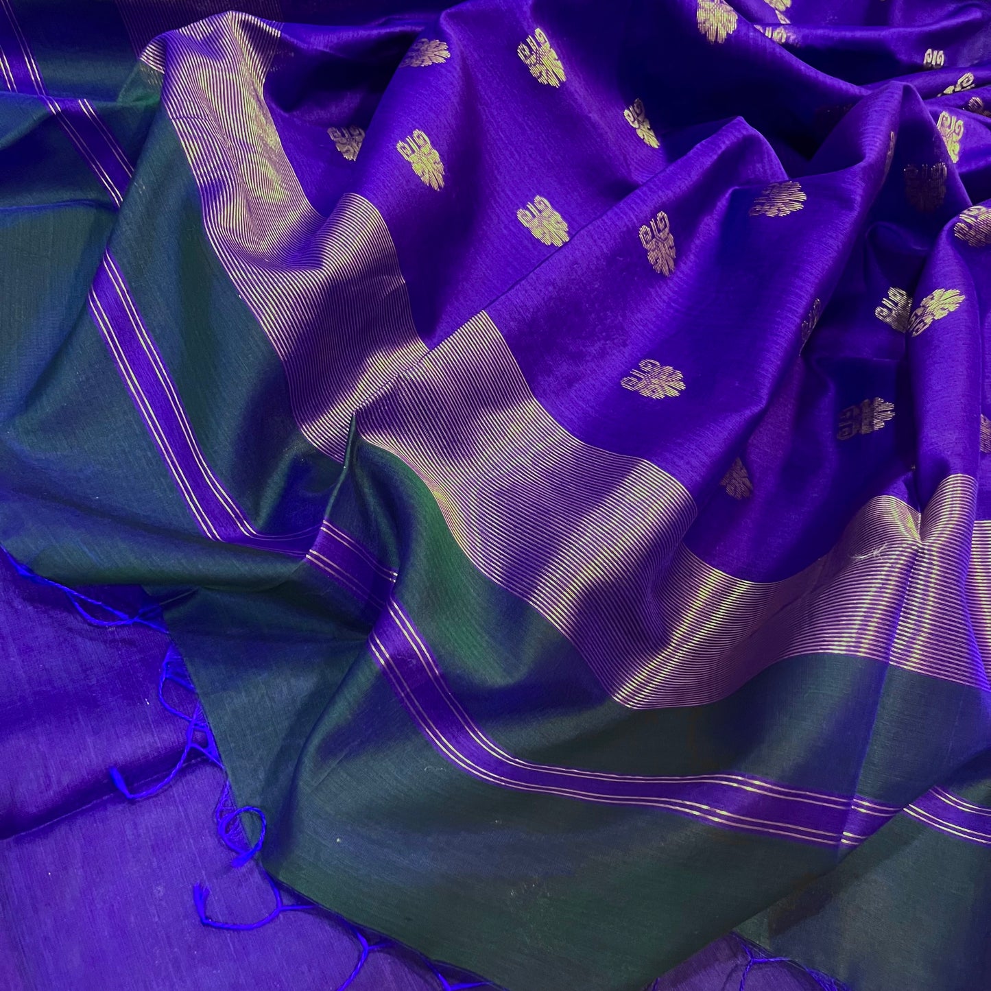 Peacock and purple dual tone Maheshwari saree with zari motifs all over