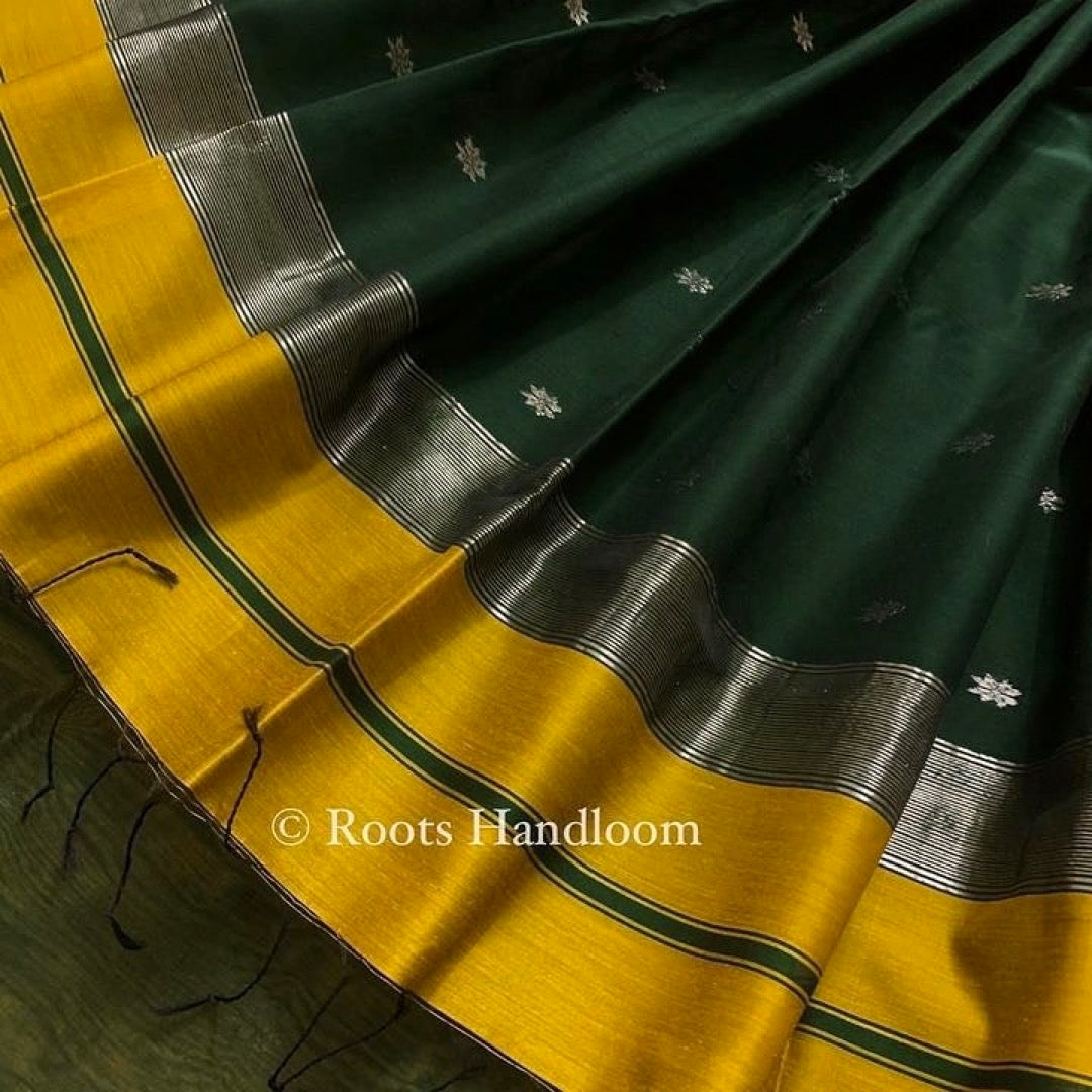 Mustard & green Maheshwari saree with flower bootis all over