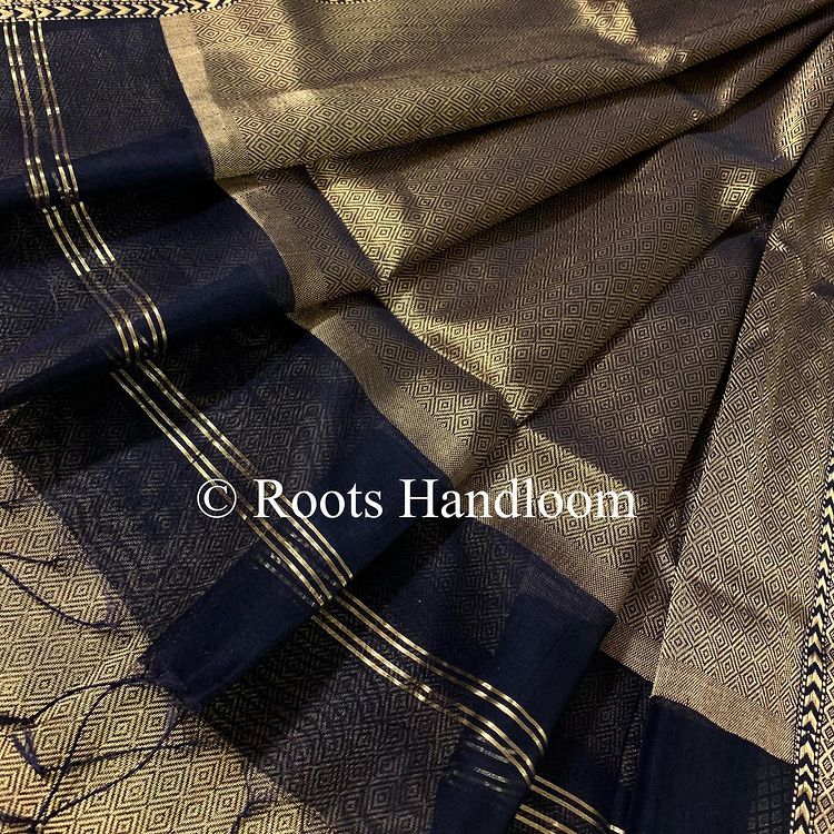 Black and gold Maheshwari with zari pattern all over