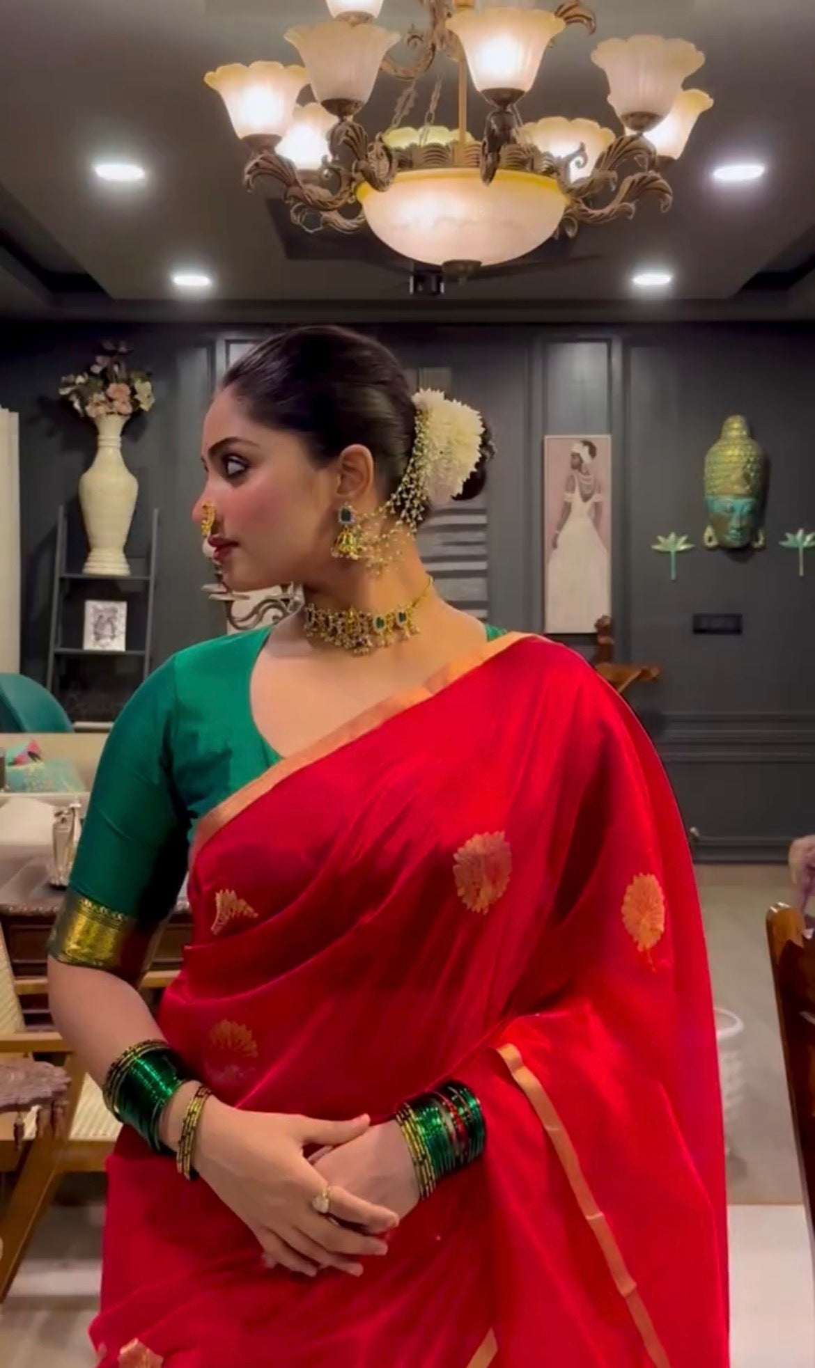 Red Chanderi Silk Saree with Mor Motifs all over