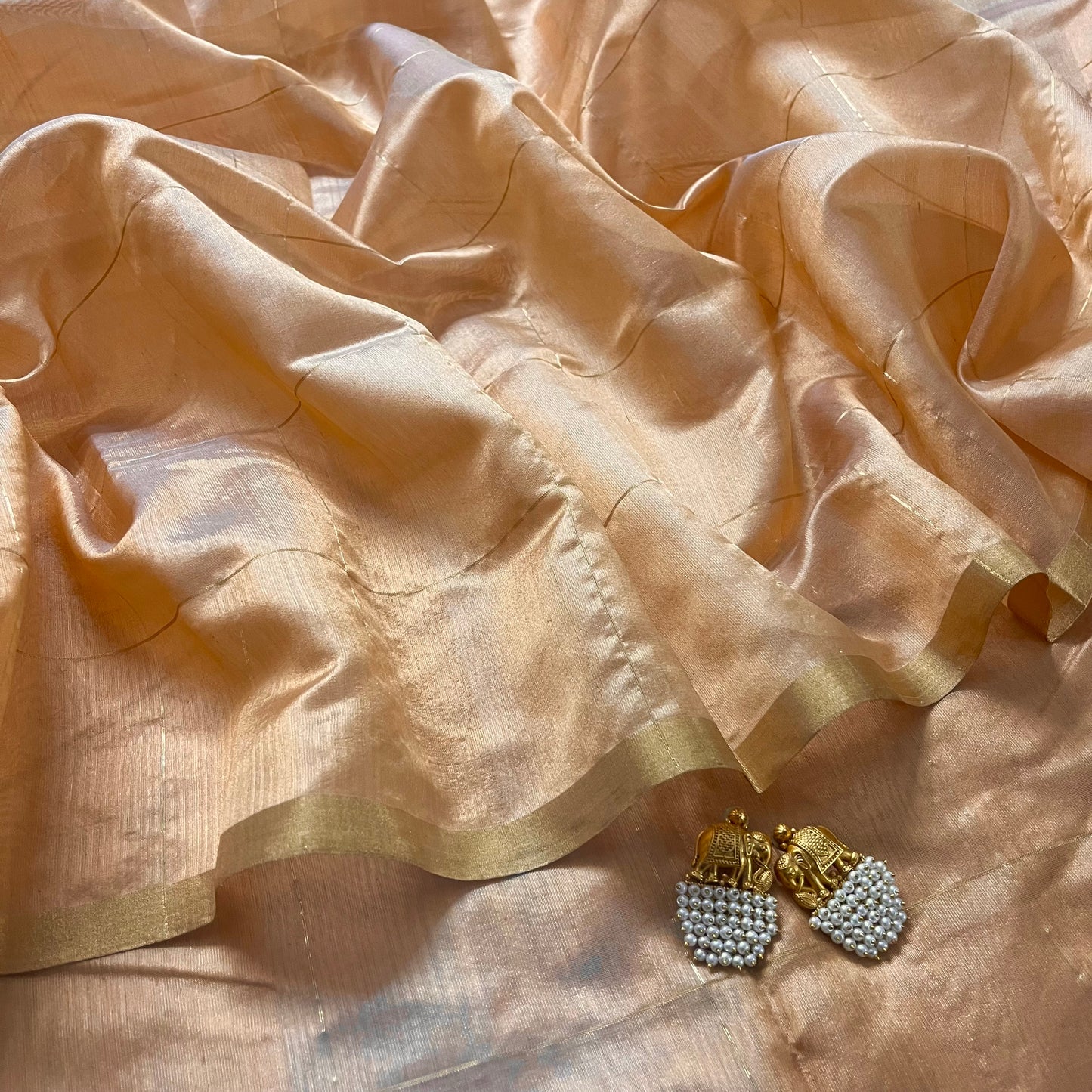 Sand beige Chanderi silk saree with zari checks all over