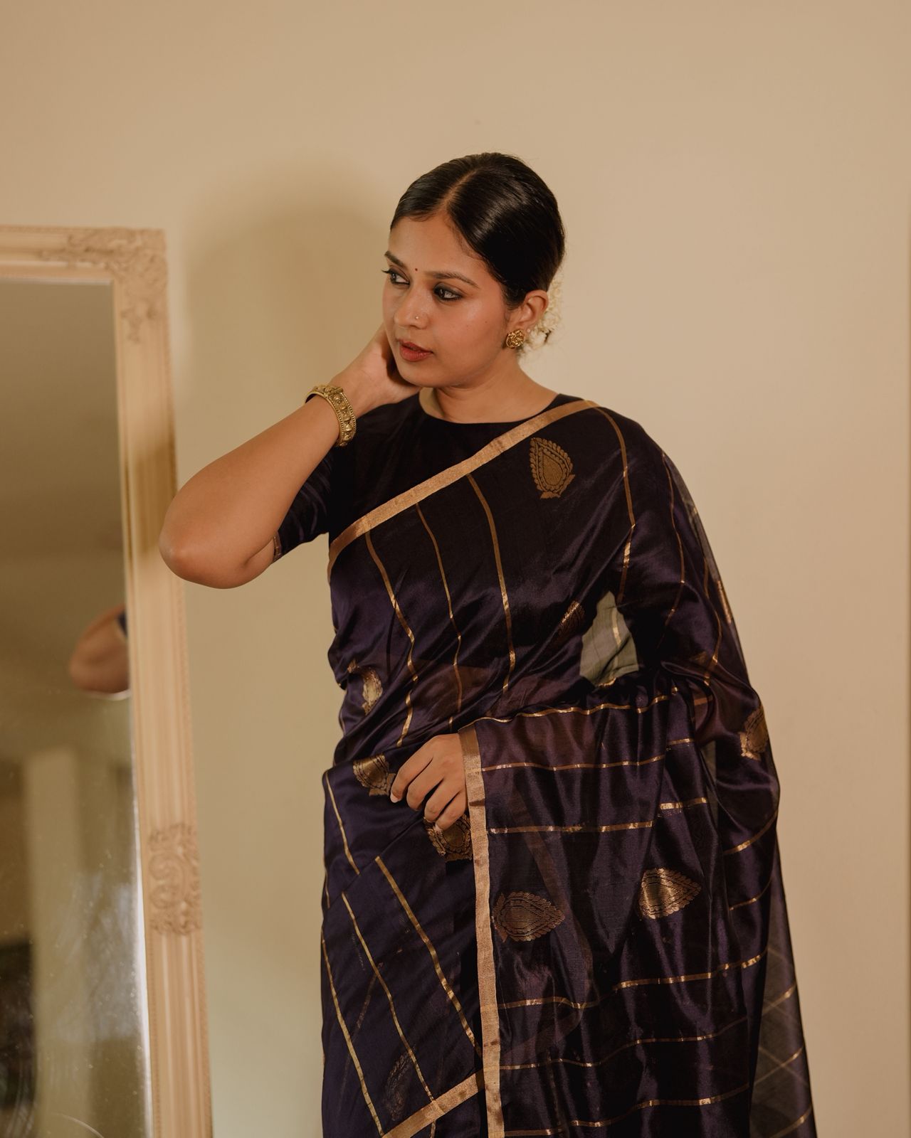 Midnight blue Chanderi silk saree with zari motifs all over