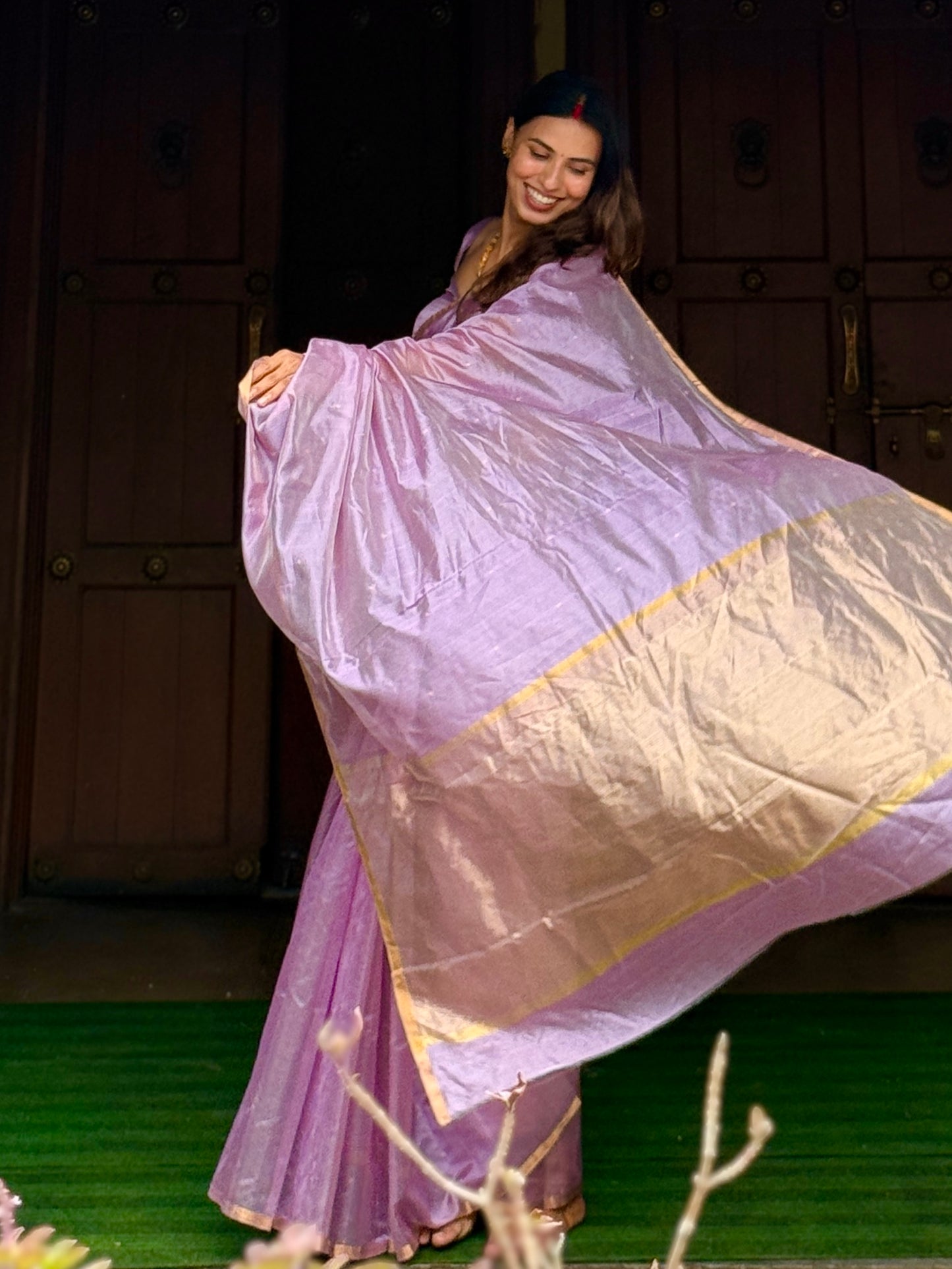 Mauve Chanderi silk saree with zari bootis all over