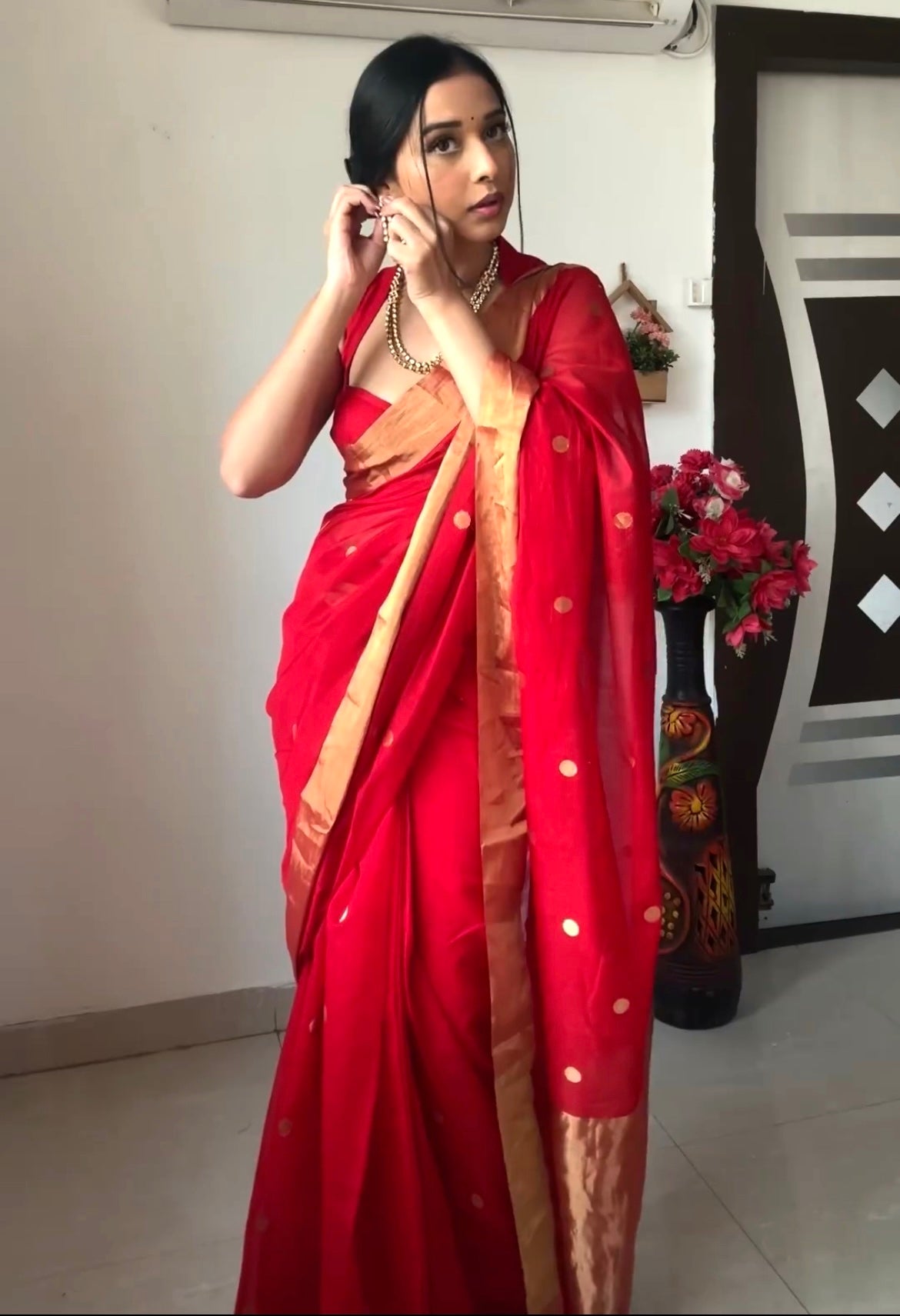 Red Chanderi Saree with zari bootis all over