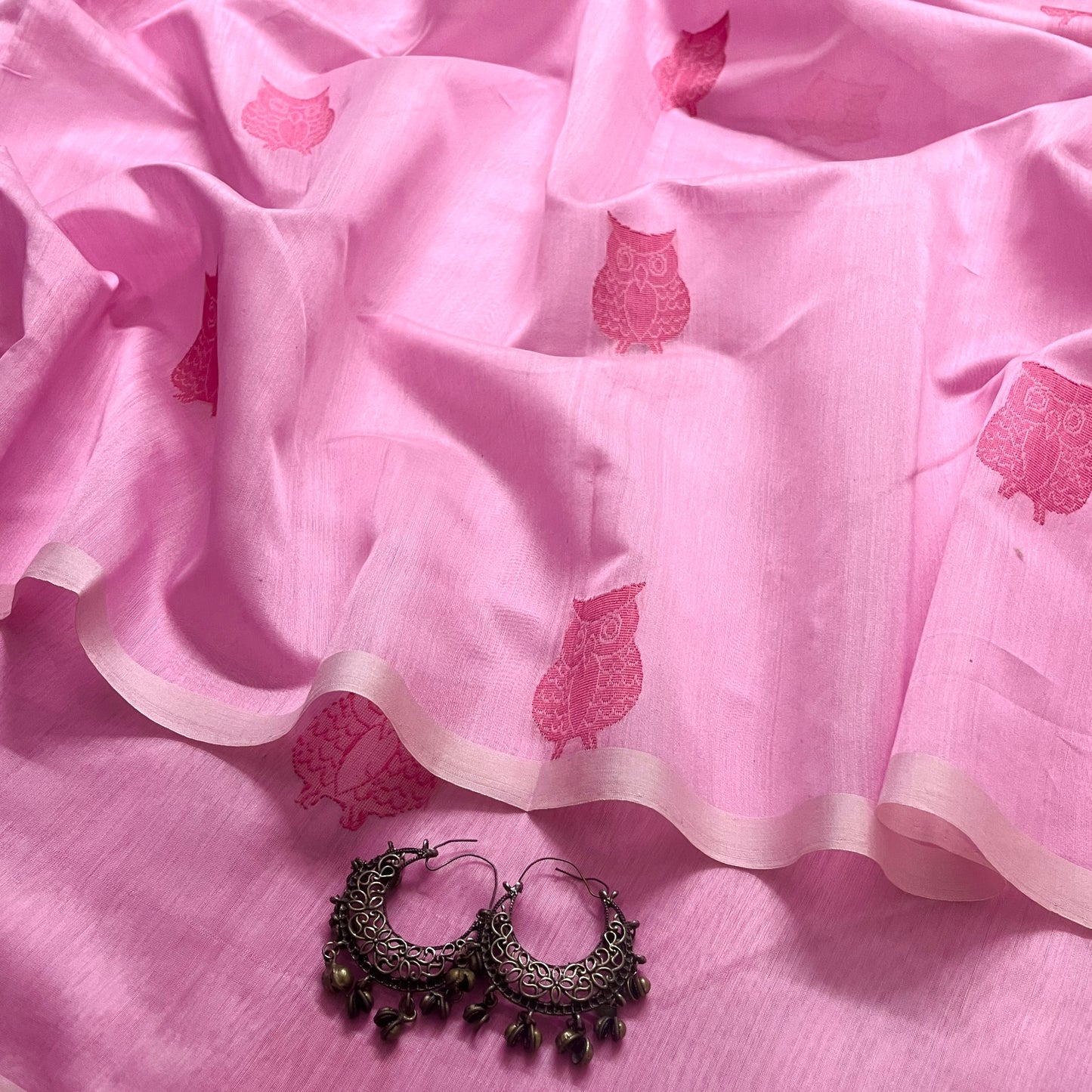 Pink Chanderi saree with owl motifs all over