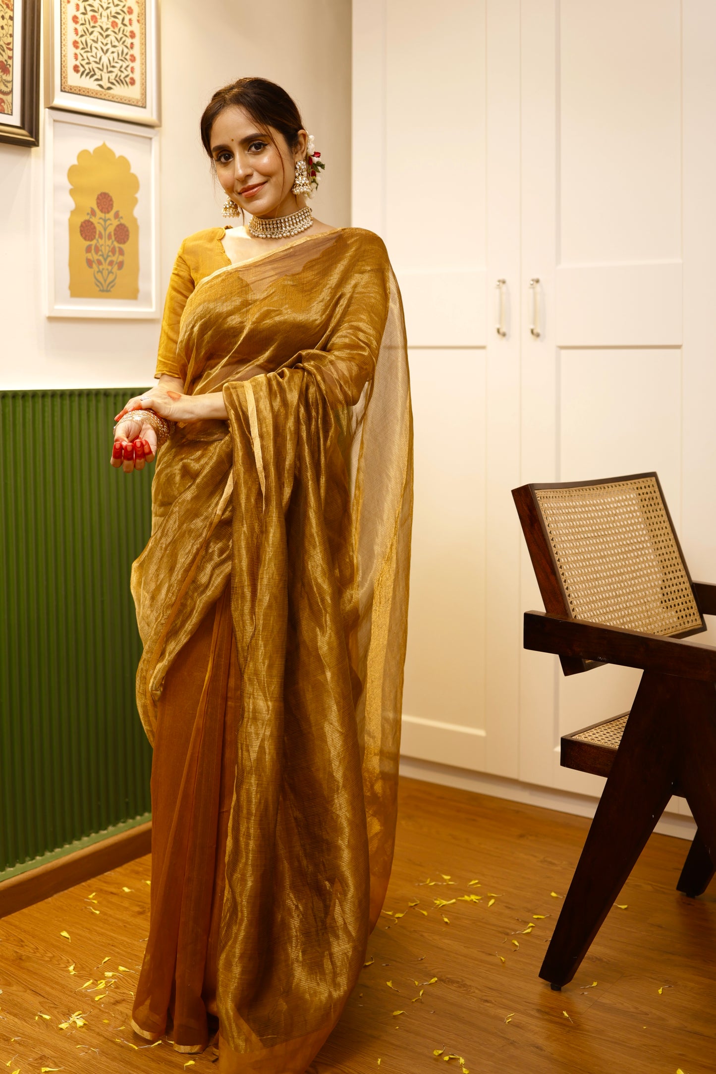 Mustard and gold maheshwari saree with zari border