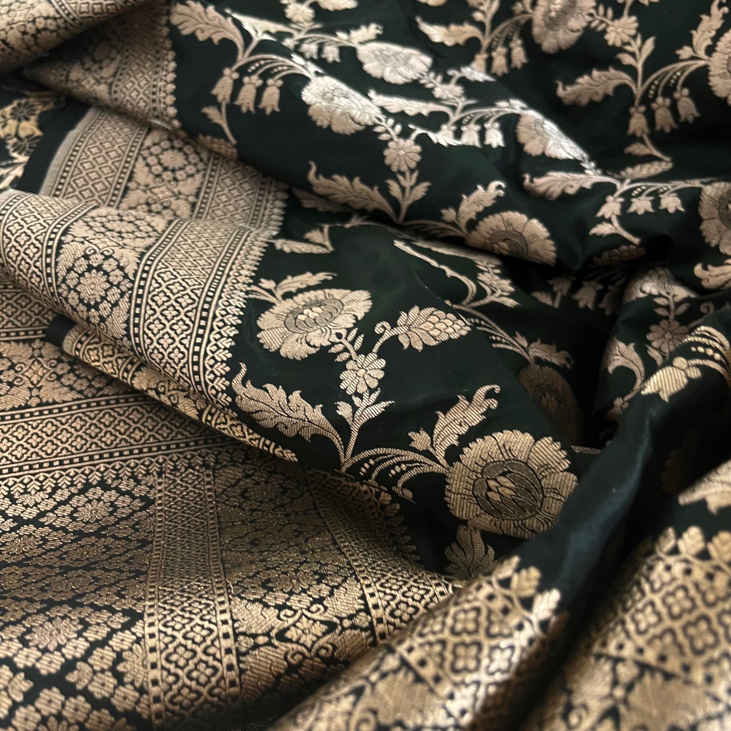 Black Banarasi katan silk saree with zari jaal work all over