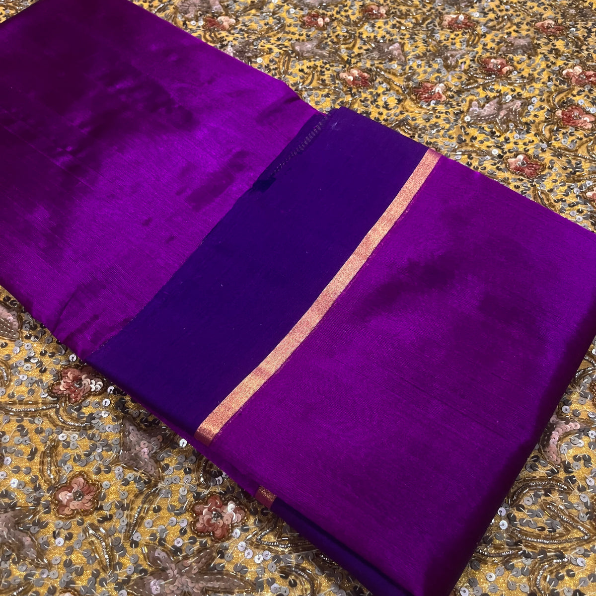 Plum & Blue Chanderi silk saree with zari lines on pallu