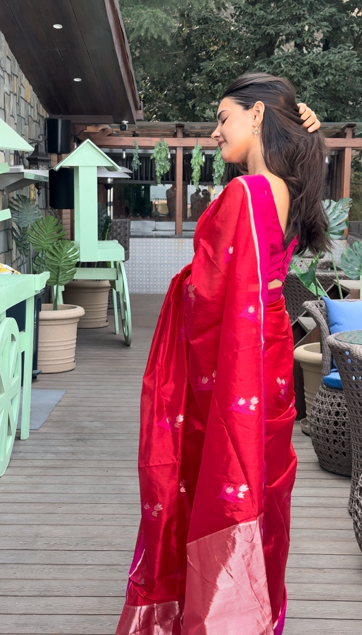 Red and pink chanderi saree with flower motifs all over