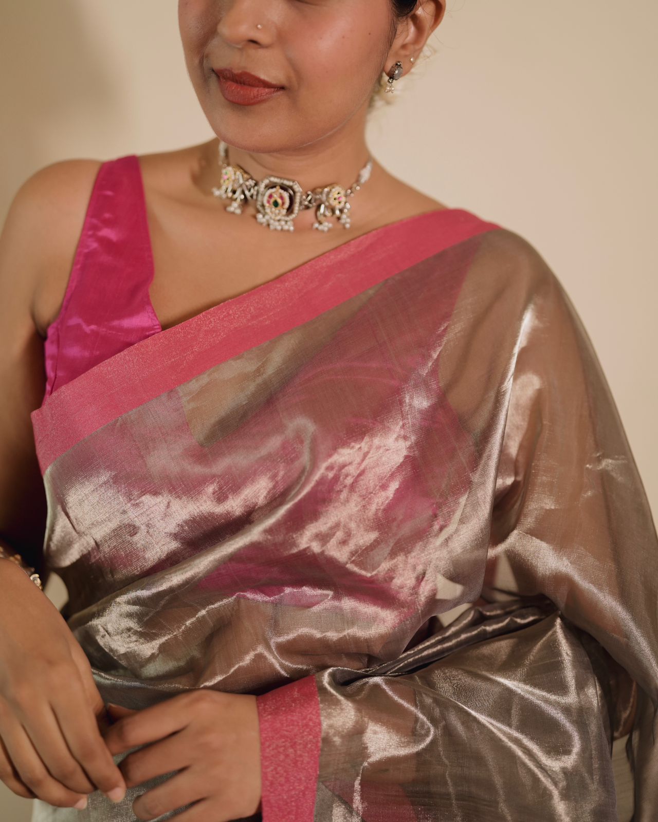 Silver grey and pink Chanderi tissue silk saree with zari lines on pallu
