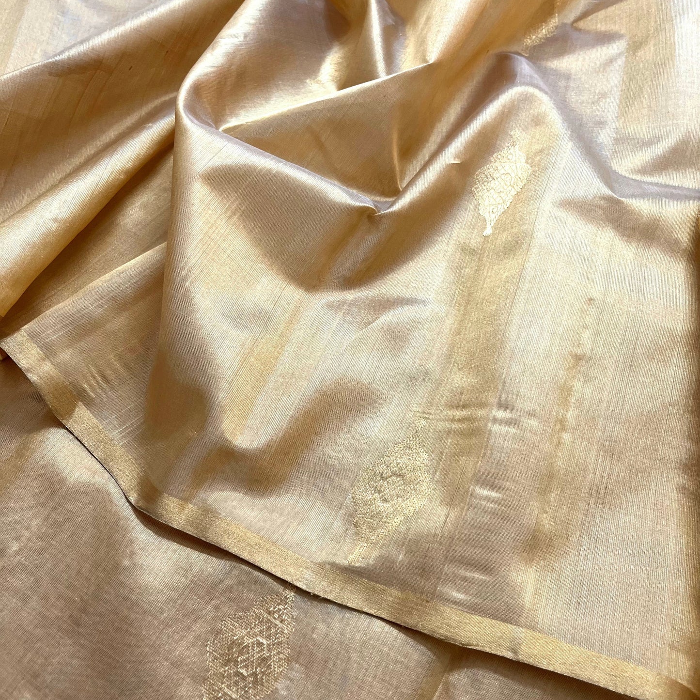 Gold chanderi silk saree with jhoomar motifs all over