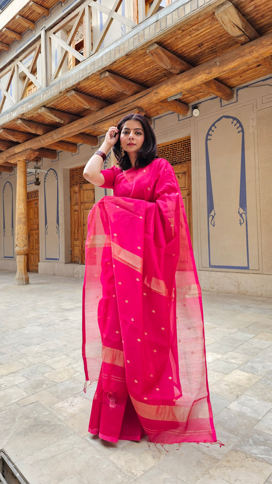 Pink maheshwari saree with zari bootis all over
