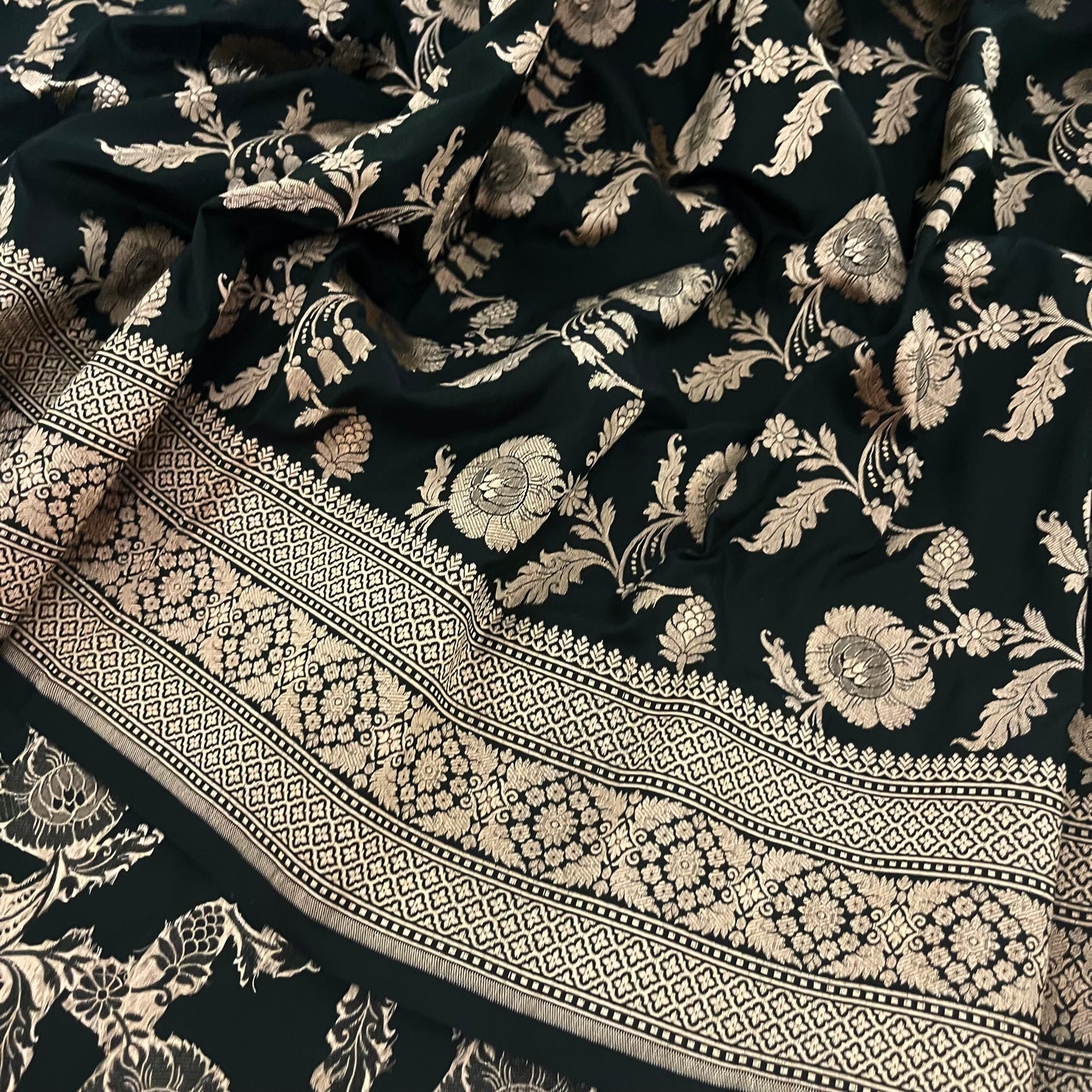 Black Banarasi katan silk saree with zari jaal work all over