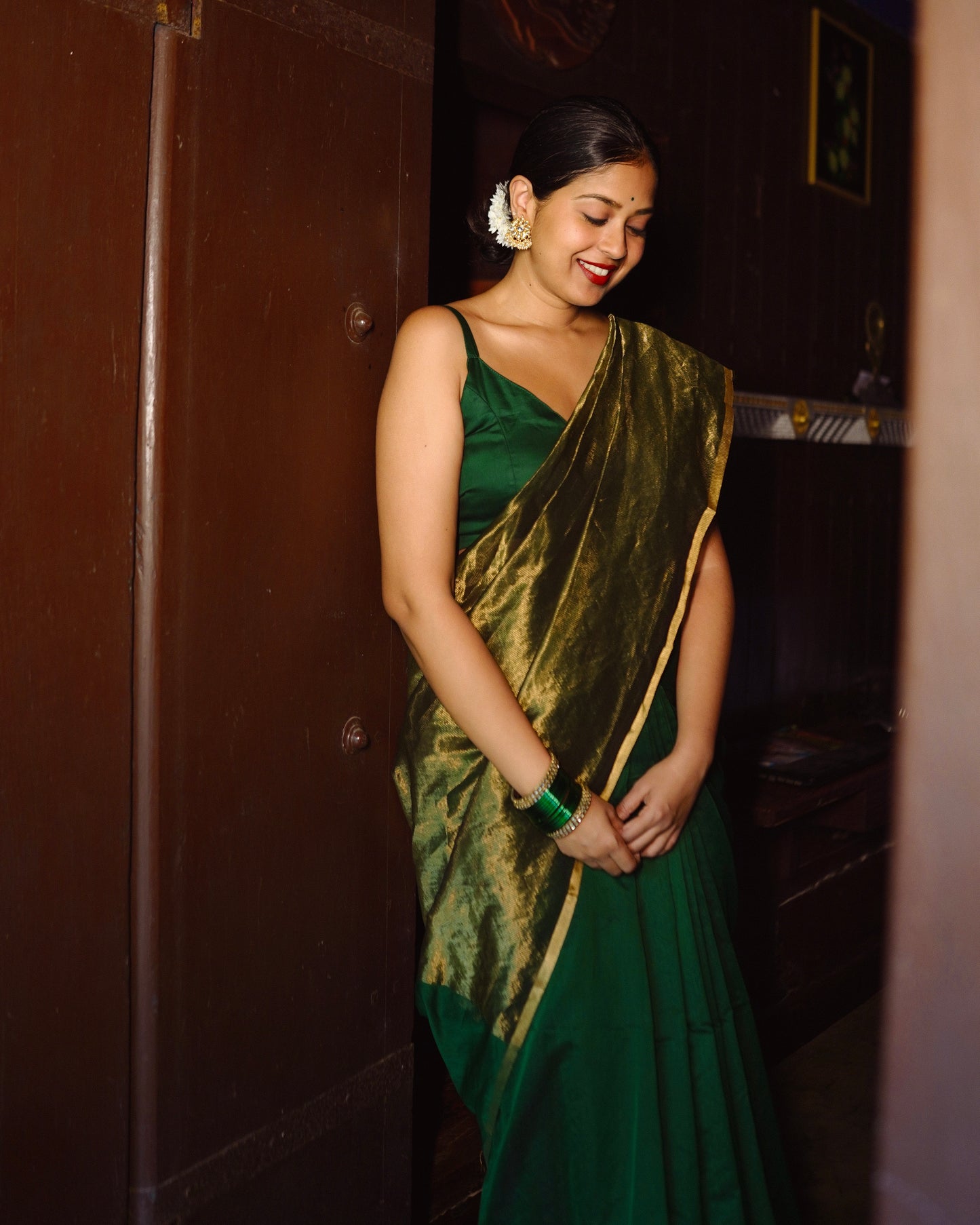 Dark Green & Gold Maheshwari Saree with Zari Border