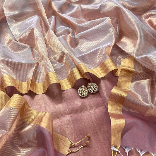 Rose & Gold Maheshwari Tissue Silk Suit with Zari Lines on Dupatta