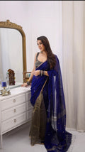 Ready to wear | Dark Blue Maheshwari Saree with Zari Bootis & Zari Lines