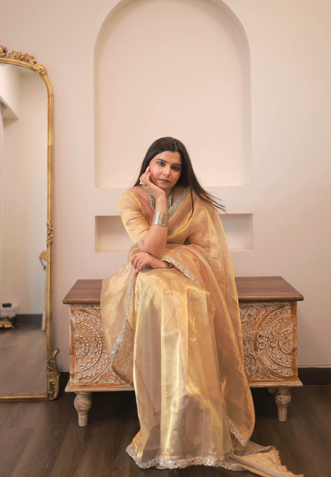 Molten gold chanderi tissue silk saree with intricate work border