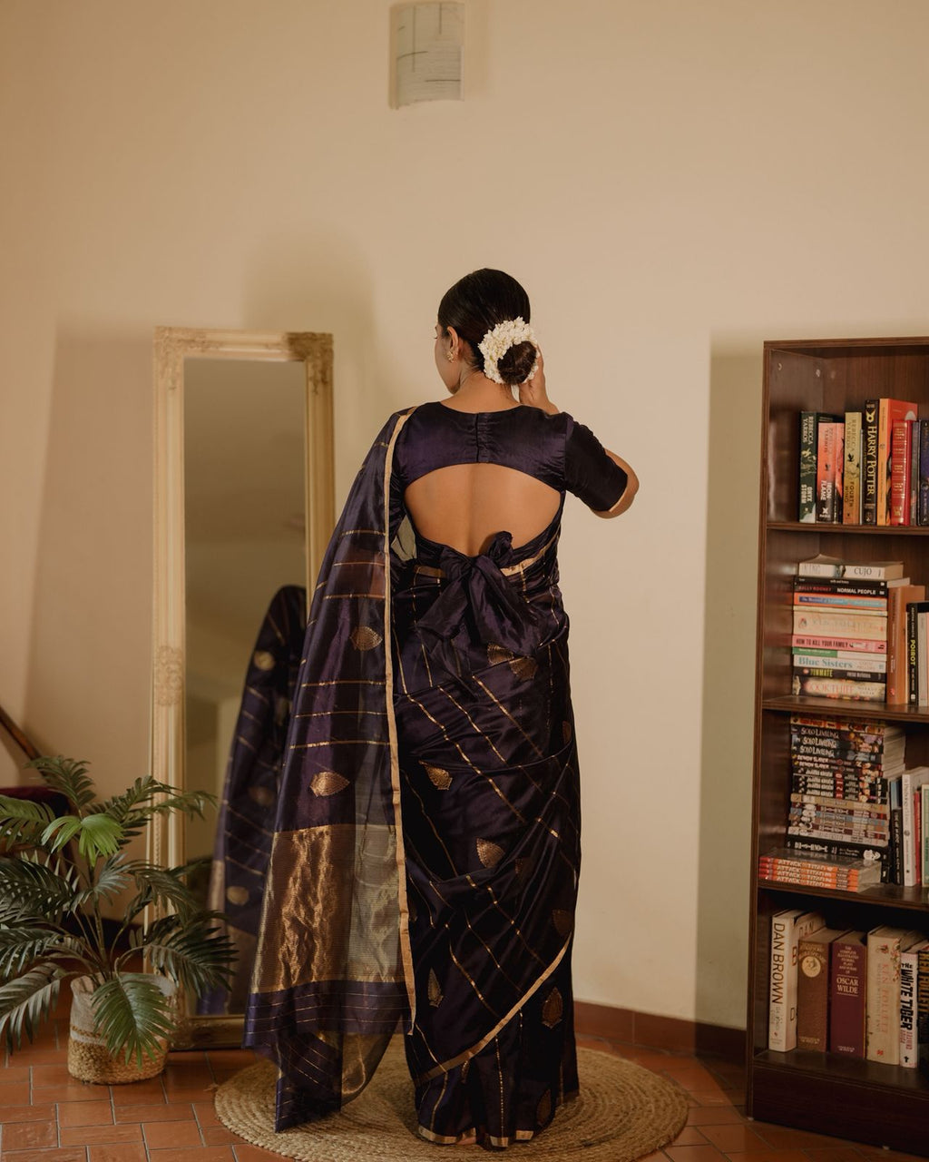 Midnight blue Chanderi silk saree with zari motifs all over