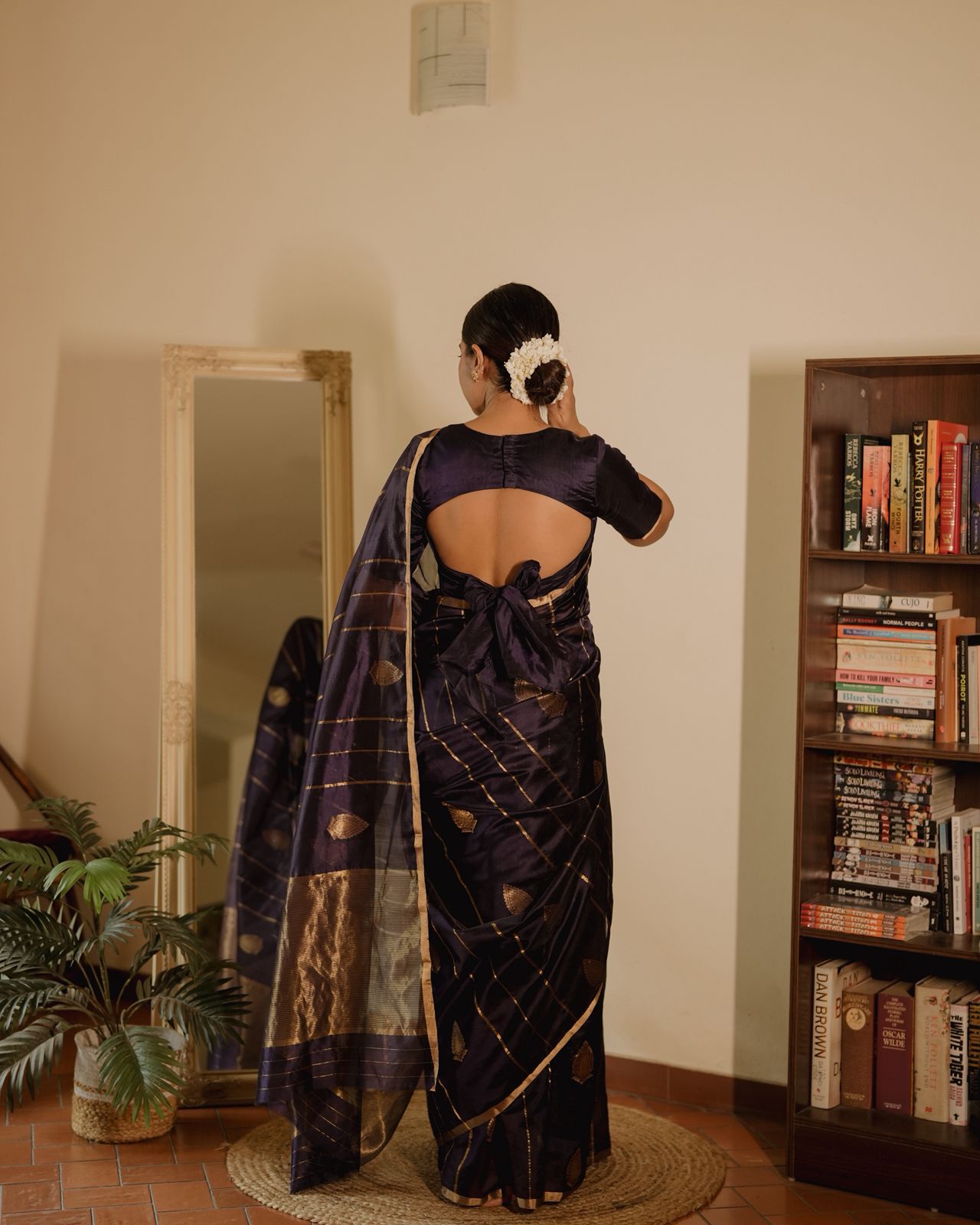 Midnight blue Chanderi silk saree with zari motifs all over