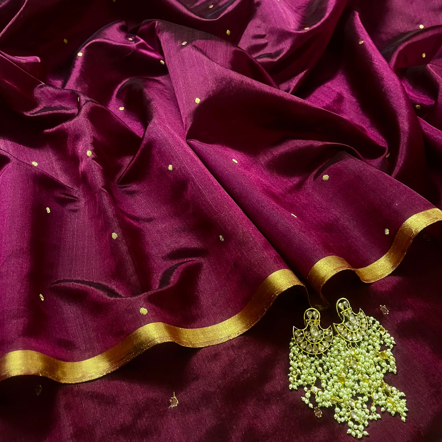 Dark Plum Chanderi silk saree with zari bootis all over