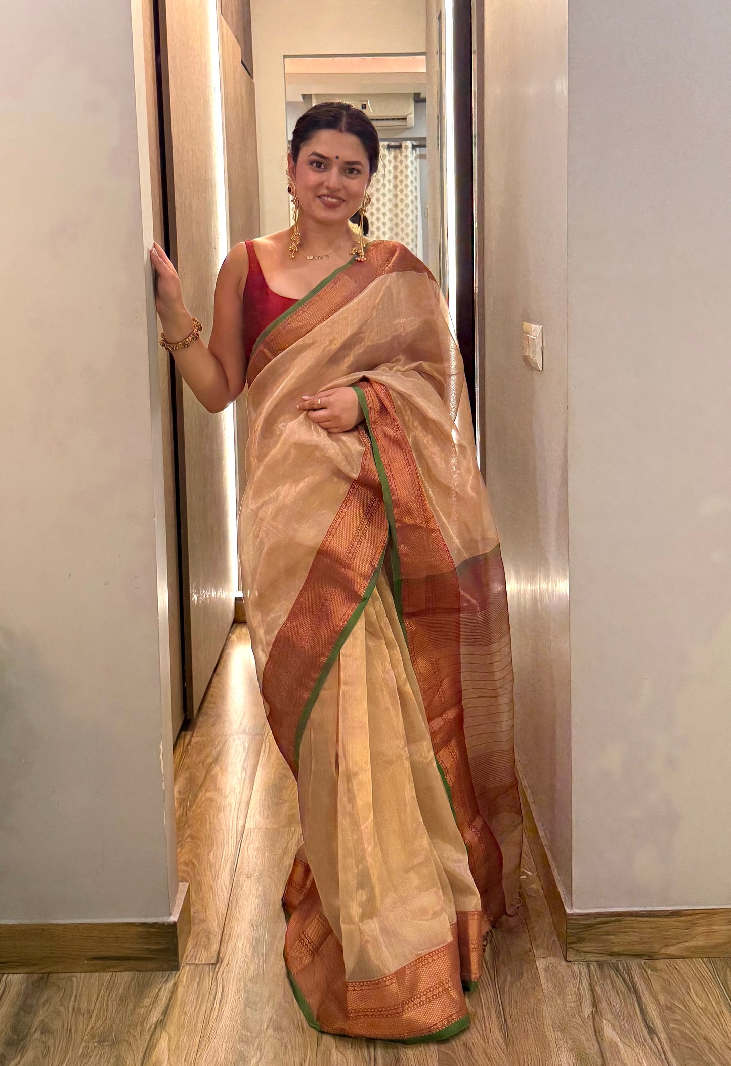Gold Red & Green Maheshwari tissue saree with zari pattern on pallu