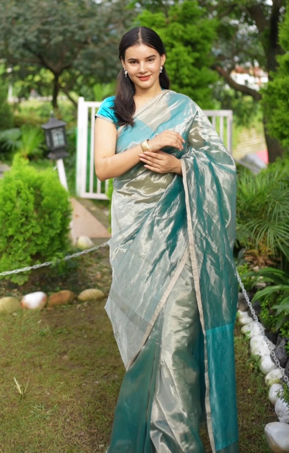 Baby blue and silver Chanderi tissue silk saree saree with zari lines on pallu
