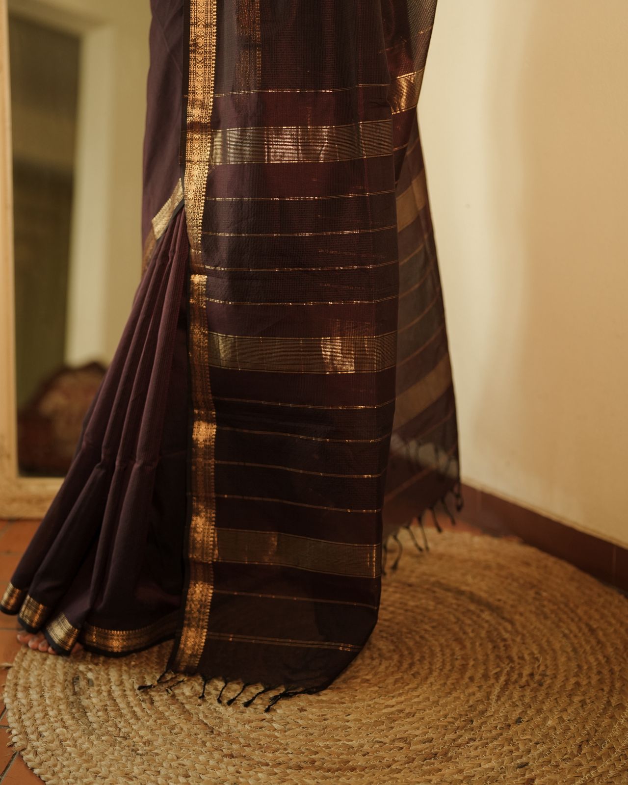Mahoganay Maheshwari saree with zari border and zari lines on pallu