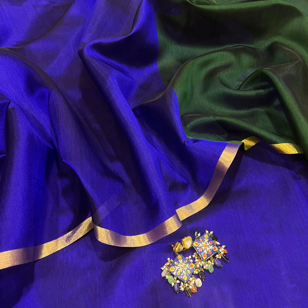 Indigo and green Chanderi silk saree with zari border