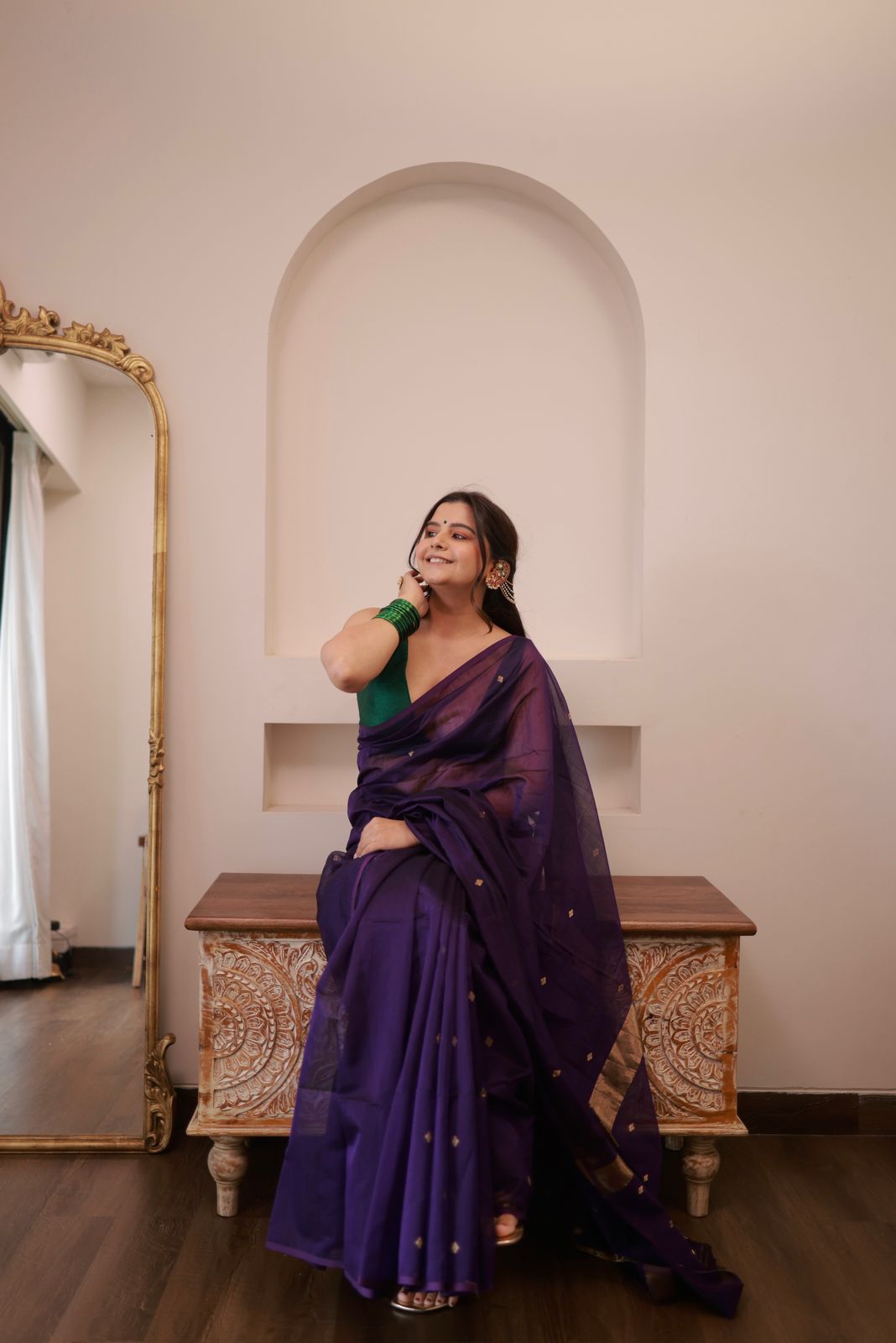 Dark Purple Maheshwari Saree with Zari bootis all over
