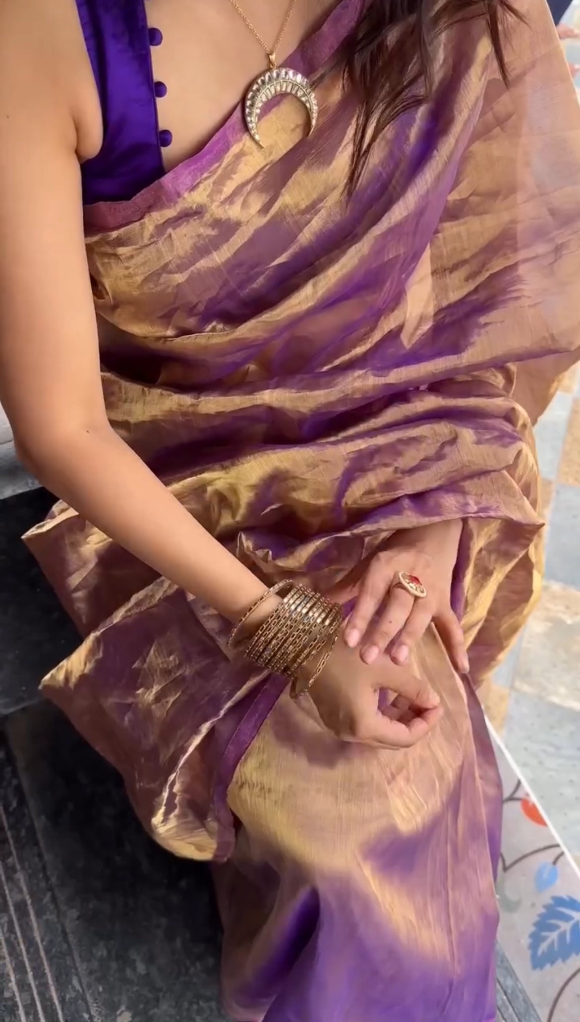 Purple & Gold Chanderi Tissue Silk Saree