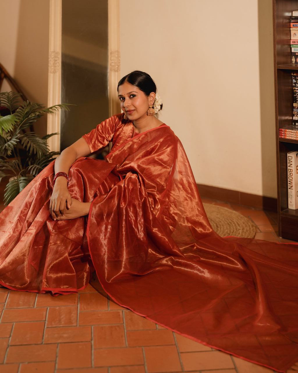 Red Maheshwari saree with zari lines all over