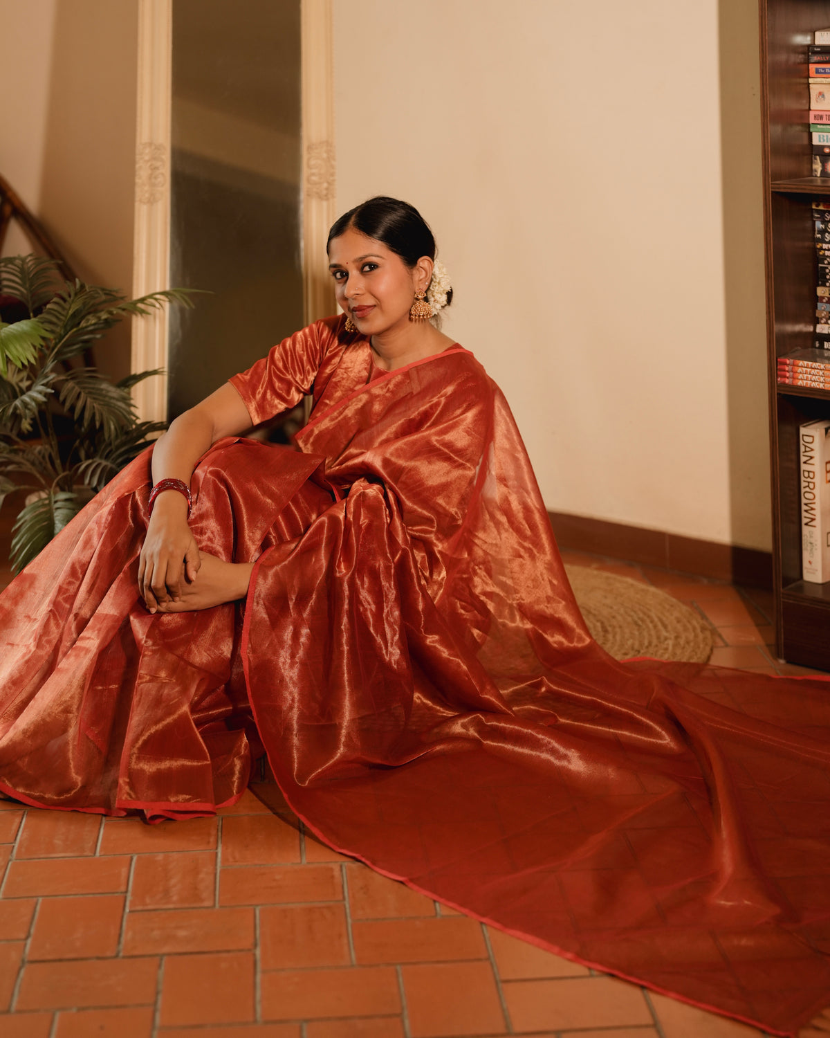 Red Maheshwari saree with zari lines all over